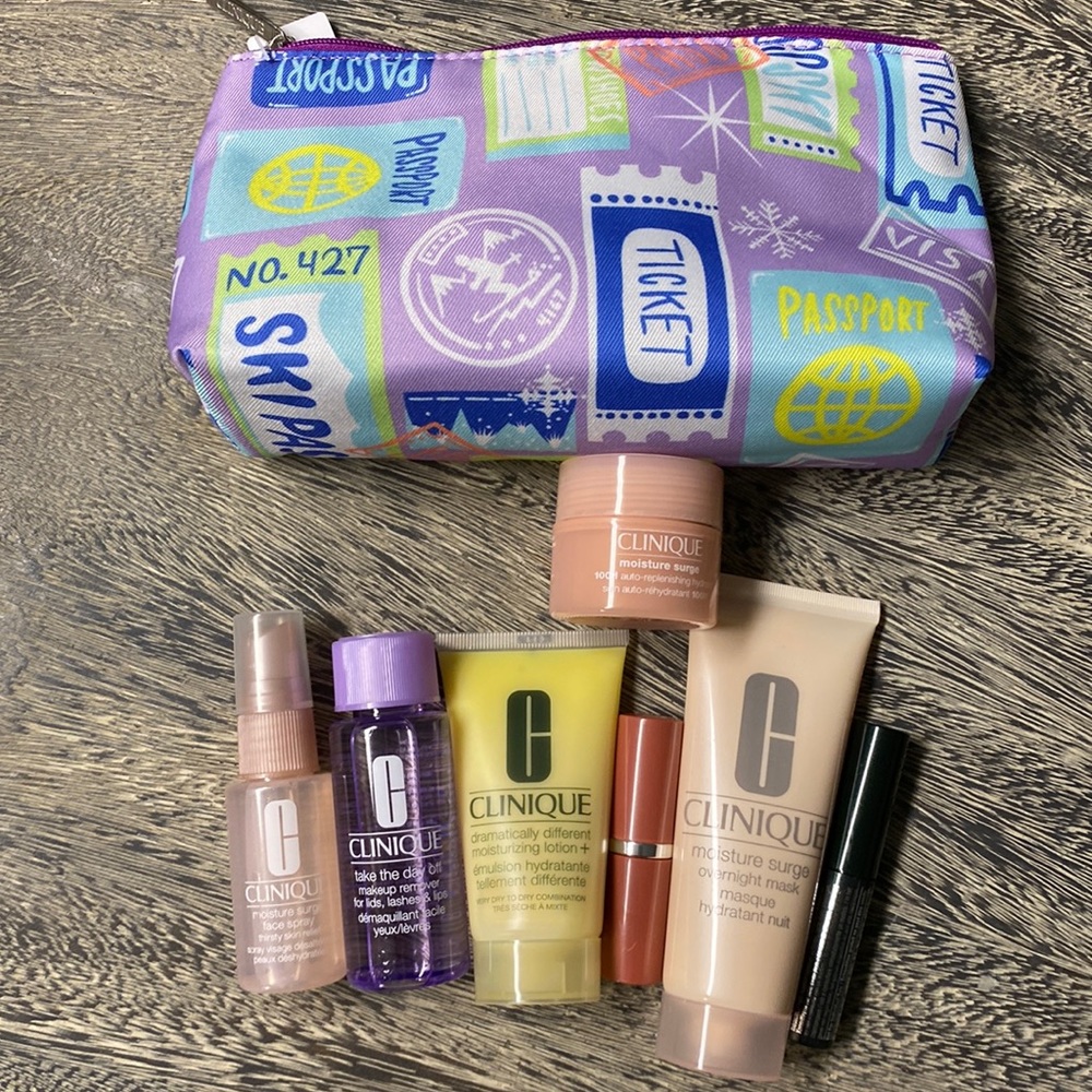 Clinique cosmetic bag with products